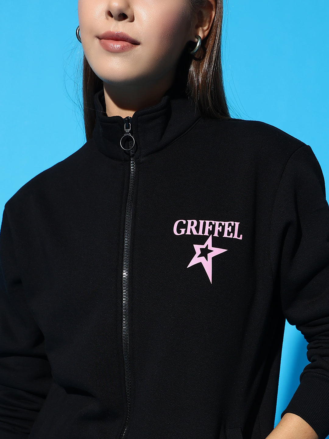 Griffel Women’s Cotton Fleece Full Sleeve Black Zipper Sweatshirt (Copy)