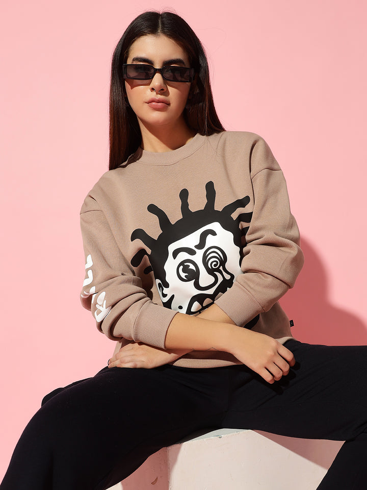 Wierd face beige Round Neck Oversized Sweatshirt