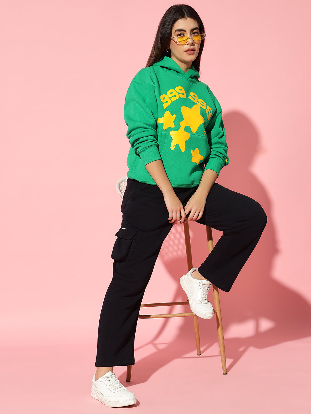 999 star front Green Hoodie Neck Oversized Sweatshirt