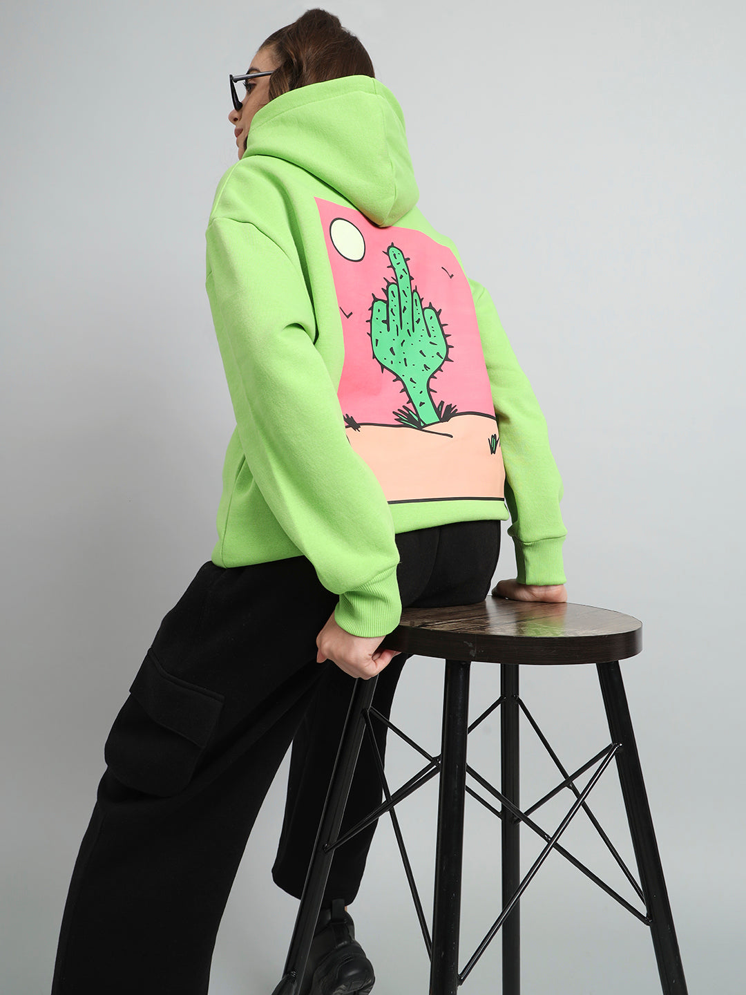 Griffel Women's Parrot Cactus Print Front Logo Oversized Fleece Hoodie Sweatshirt - griffel