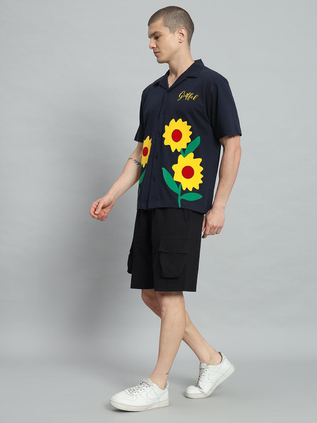 GRIFFEL Sun Flower Printed Regular Fit Bowling Shirt