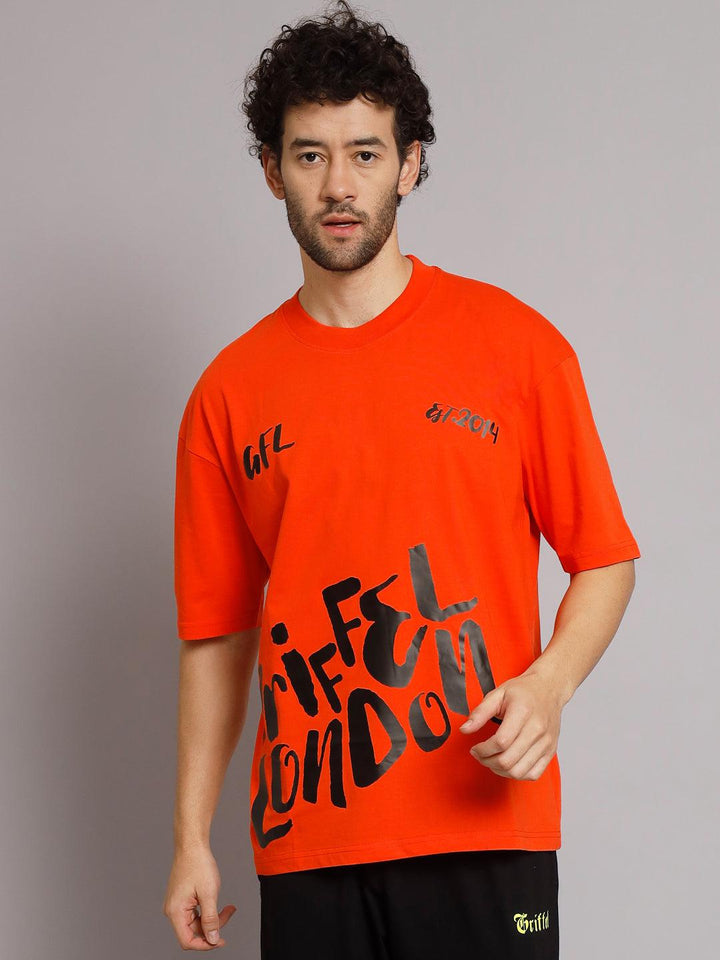 GRIFFEL Men Printed Neon Orange Oversized Drop Shoulder T-shirt - griffel