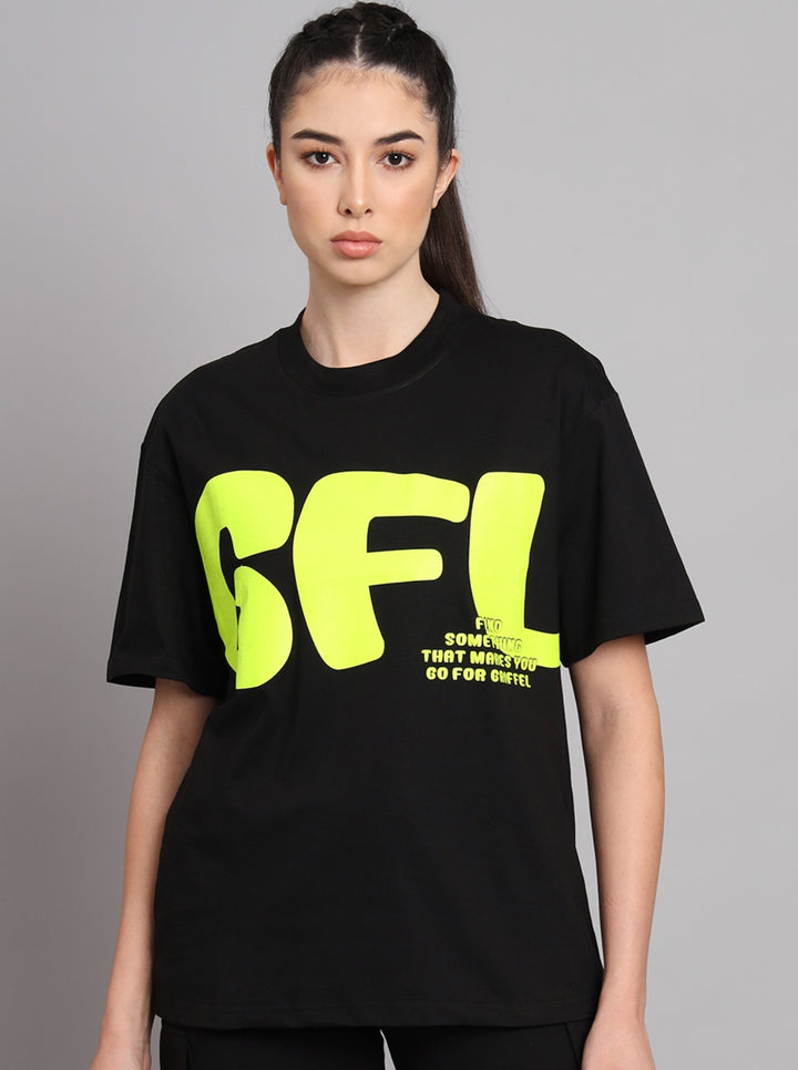GRIFFEL Women Printed Big GFL Loose fit Black T-shirt - griffel