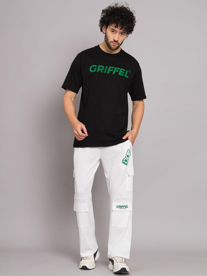 GRIFFEL Men Printed Black Loose fit T-shirt and Bell Bottom Trackpant Set - griffel