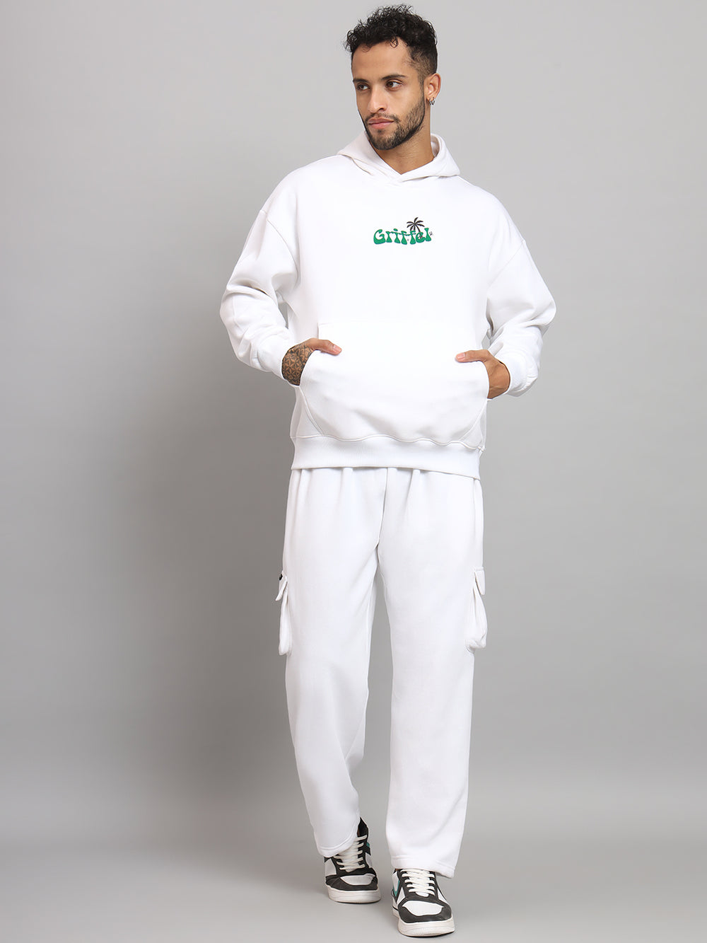 Griffel Men Oversized Fit MEET ME UNDER THE PALM Print 100% Cotton White Fleece Hoodie and trackpant - griffel