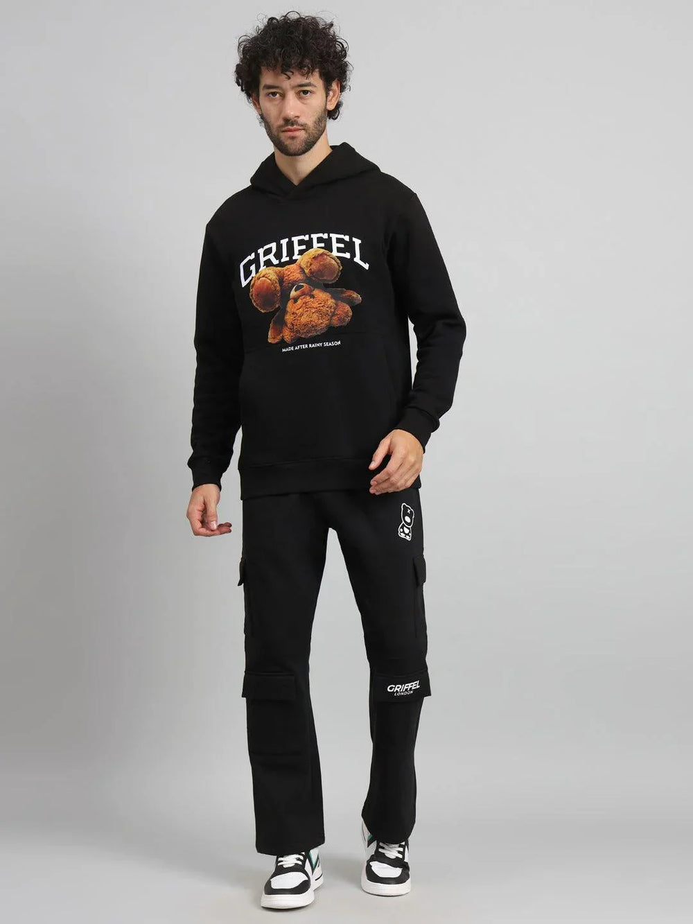 Griffel Men Regular Fit Bear Print Front Logo 100% Cotton Fleece Hoodie and trackpant - griffel