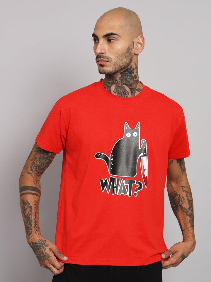 GRIFFEL Men WHAT CAT Printed Red Regular fit Cotton T-shirt - griffel