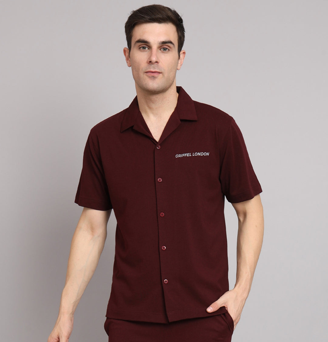 GRIFFEL Men Basic Maroon Regular Fit Cotton Bowling Shirt - griffel