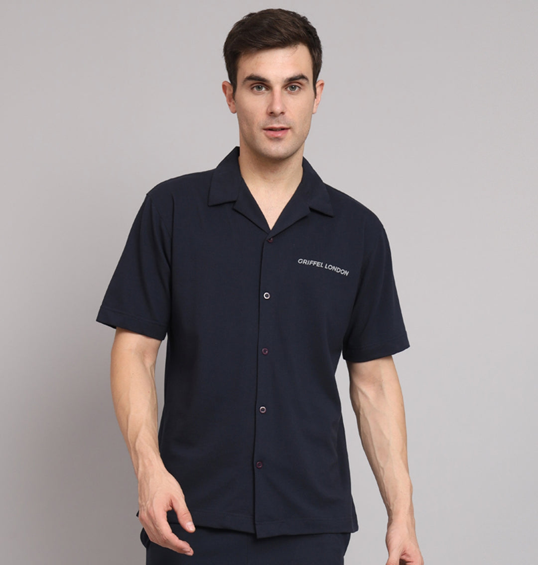GRIFFEL Men Basic Navy Regular Fit Cotton Bowling Shirt