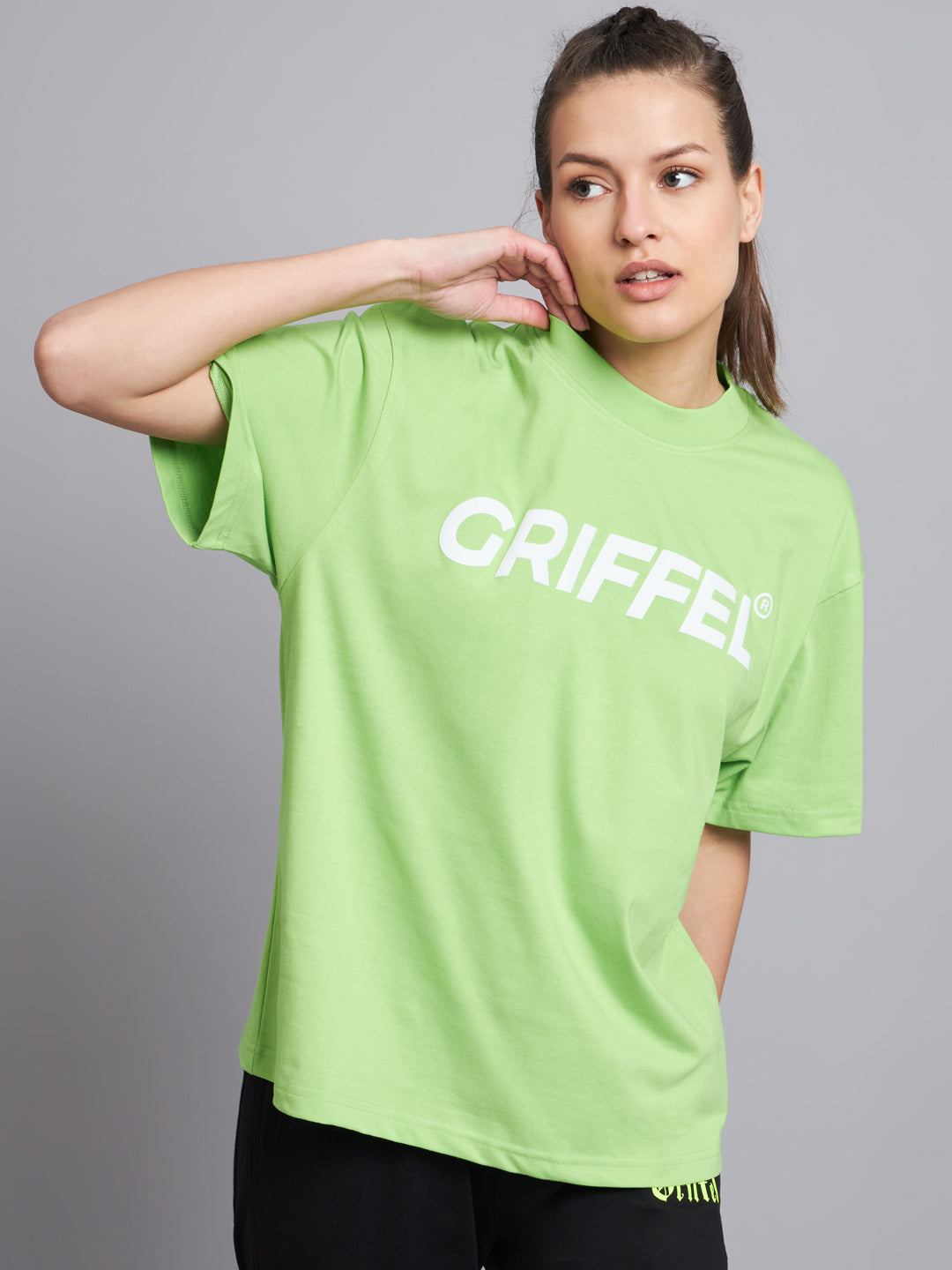 GRIFFEL Women SIGNATURE LOGO oversized Drop Shoulder Neon green T-shirt - griffel