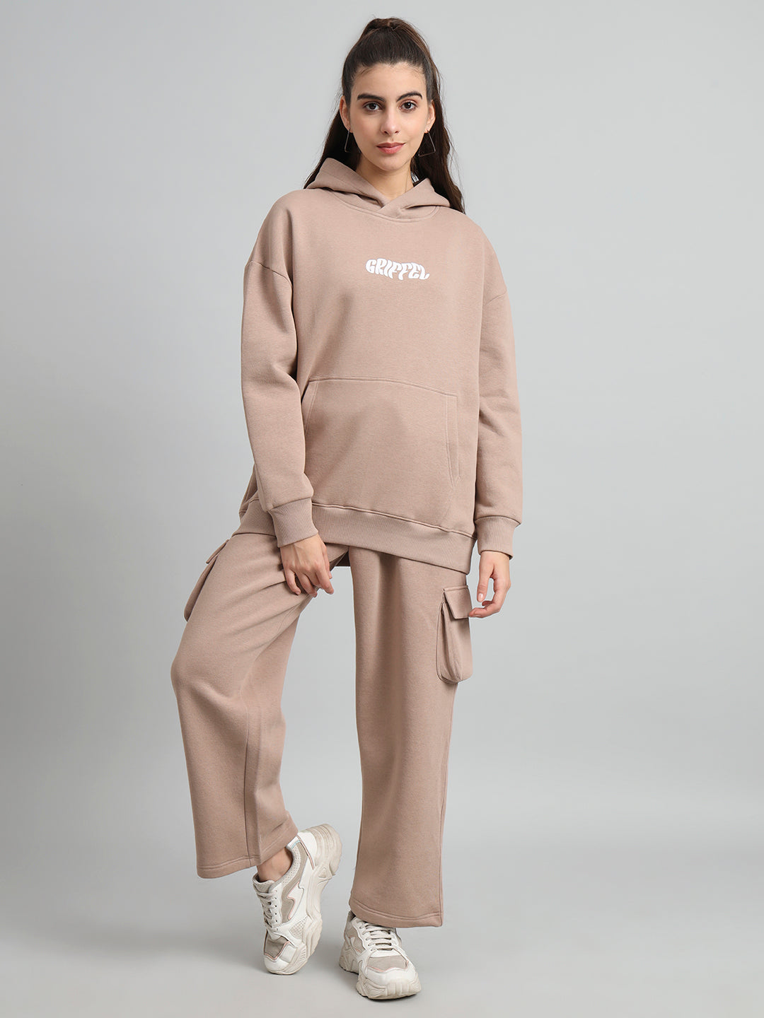 Griffel Women Oversized Fit Absent Minded Print 100% Cotton Camel Fleece Hoodie and trackpant