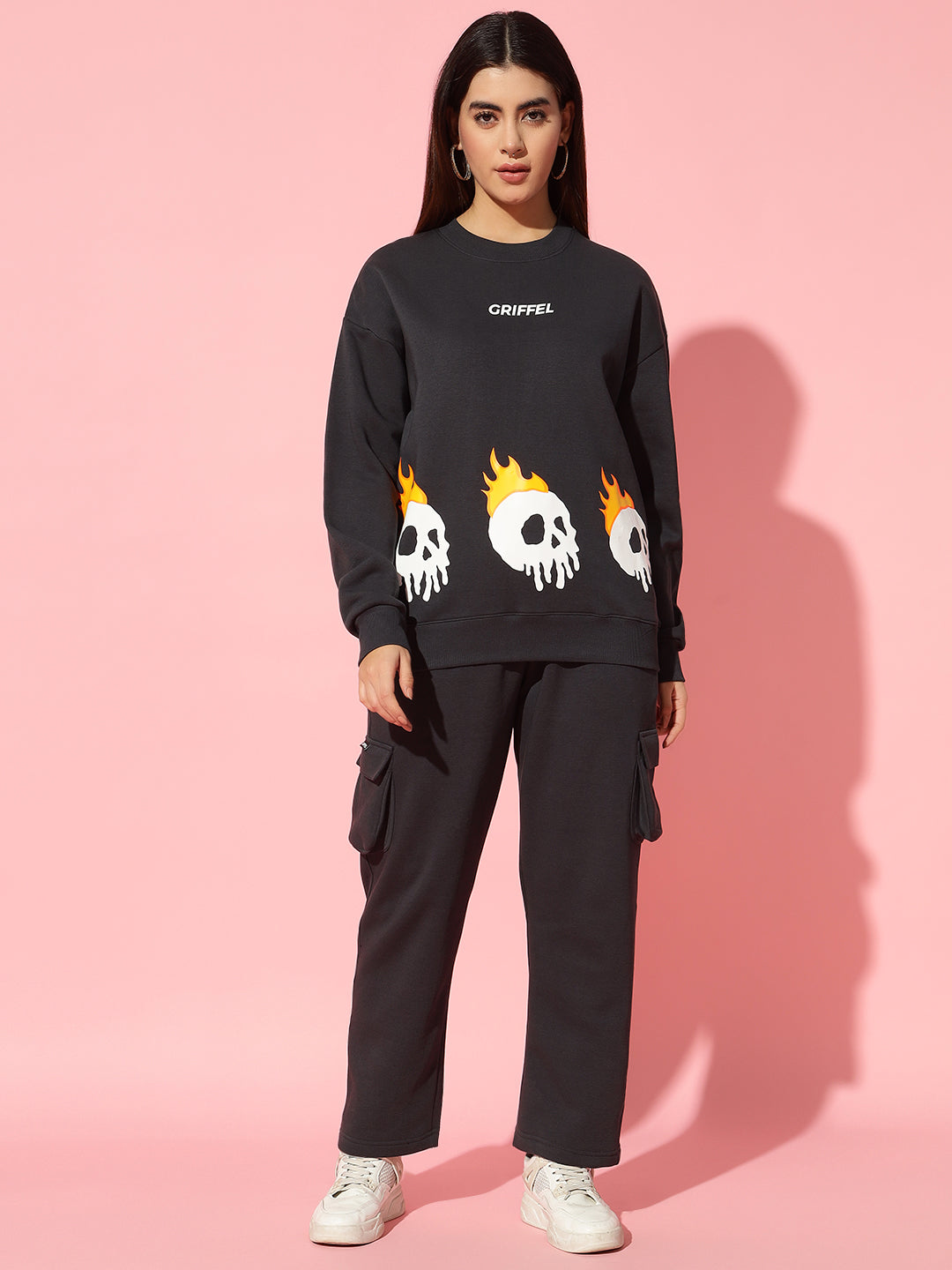 Fire skeleton Dark brown Oversized Round Neck Tracksuit