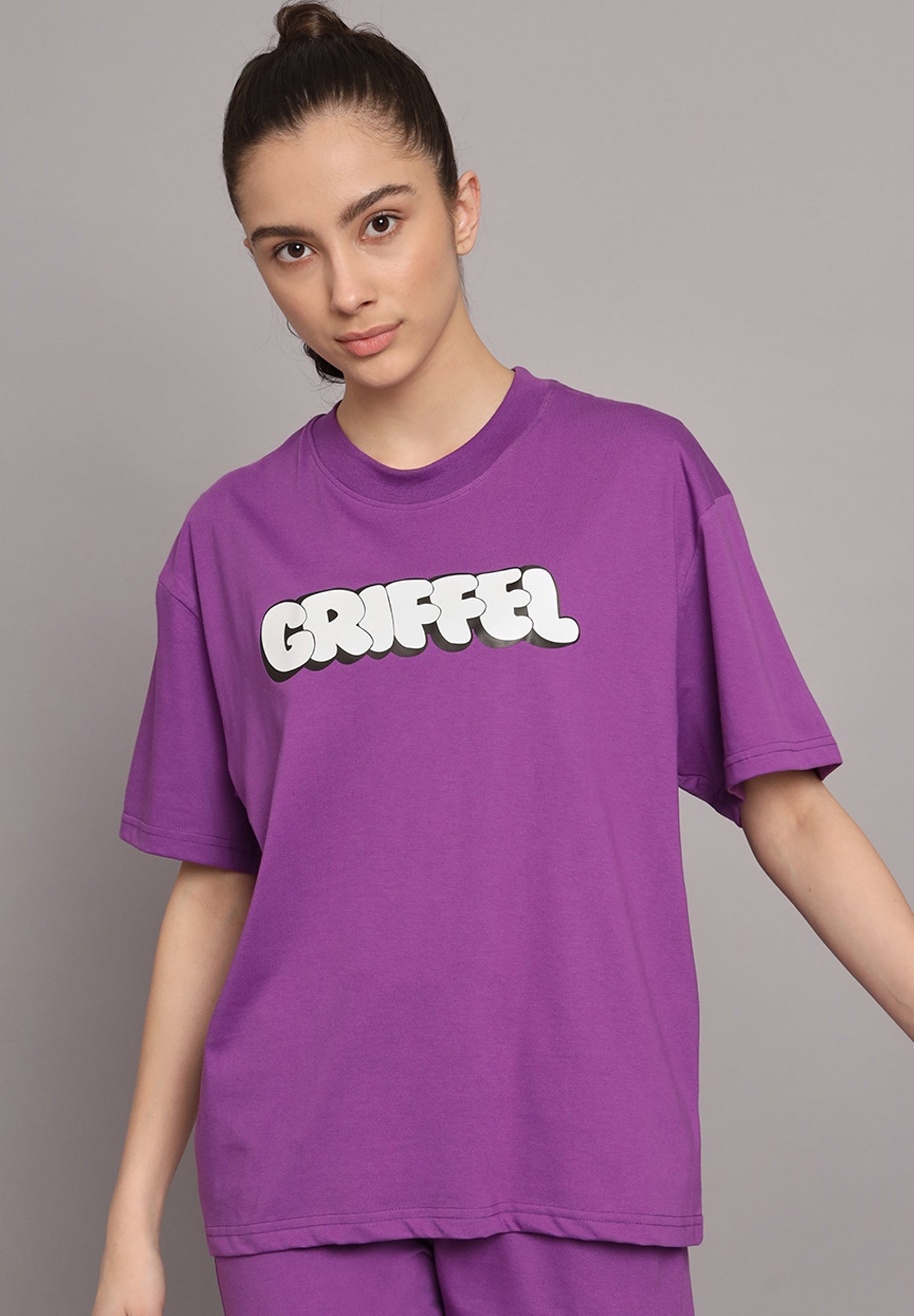 GRIFFEL Women Printed Loose fit Dark Purple T-shirt - griffel