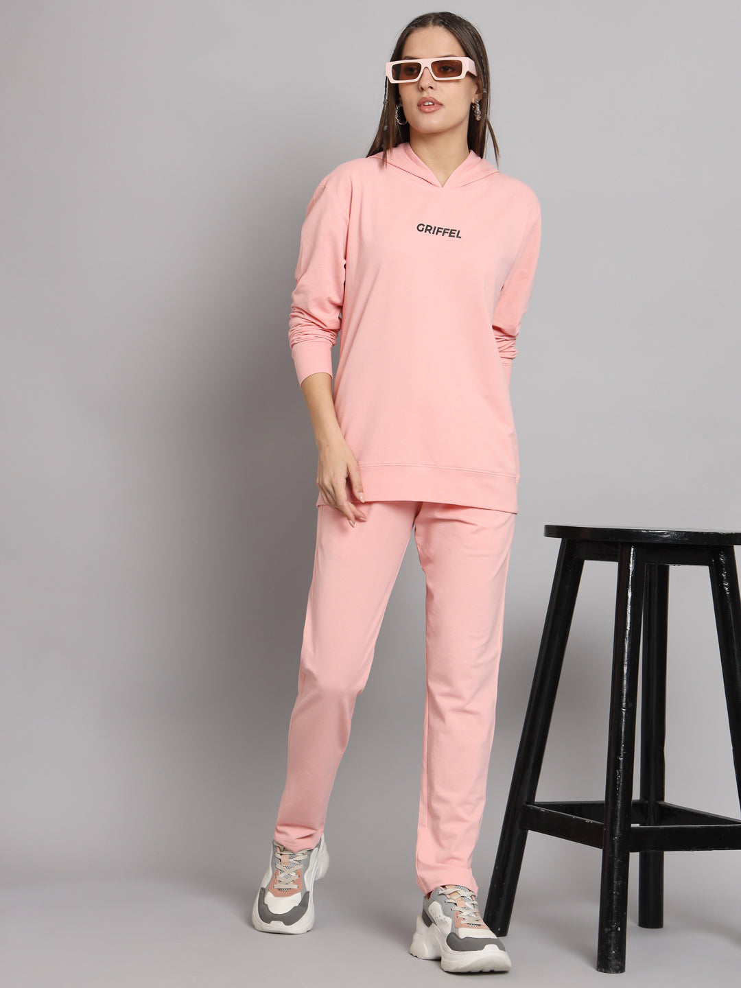 Griffel Women Solid Cotton Matty Basic Hoodie and Joggers Full set Peach Tracksuit