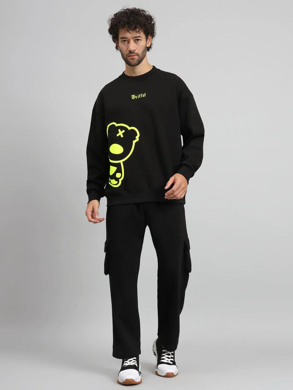 Griffel Men Oversized Fit Typography Teddy Print Round Neck 100% Cotton Fleece Black Tracksuit - griffel