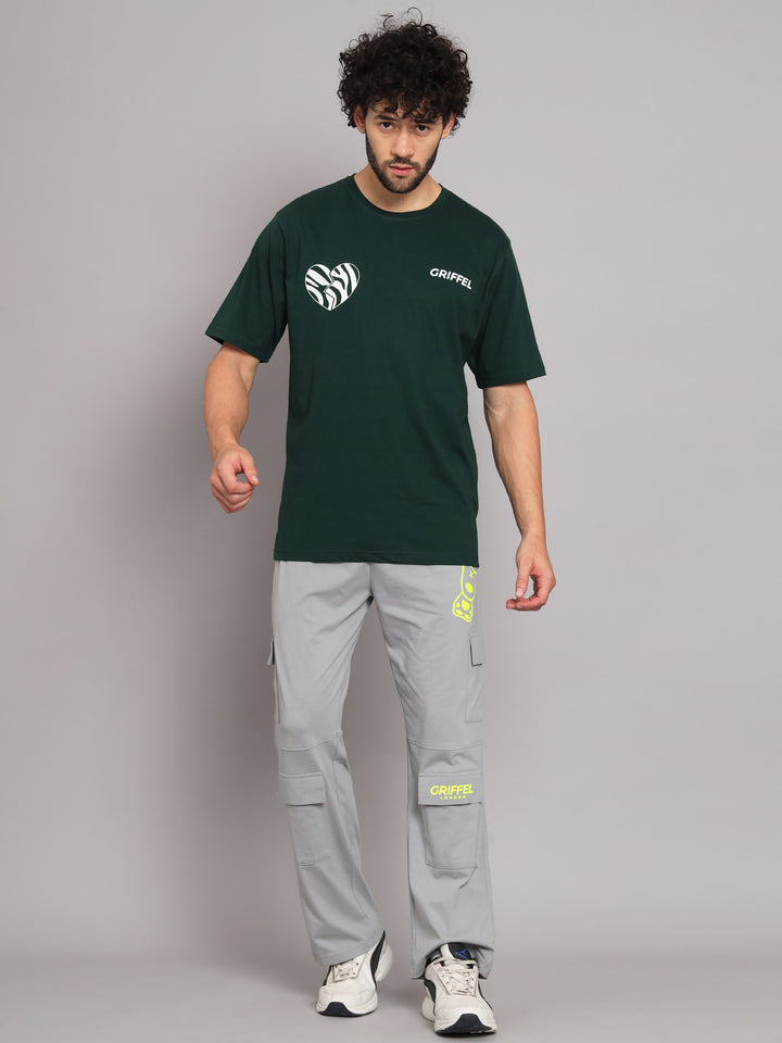 GRIFFEL Men Printed Green Loose fit T-shirt and Bell Bottom Trackpant Set - griffel