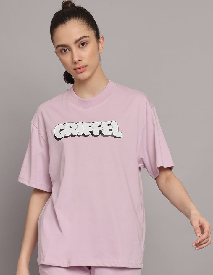 GRIFFEL Women Printed Loose fit Light Purple T-shirt - griffel