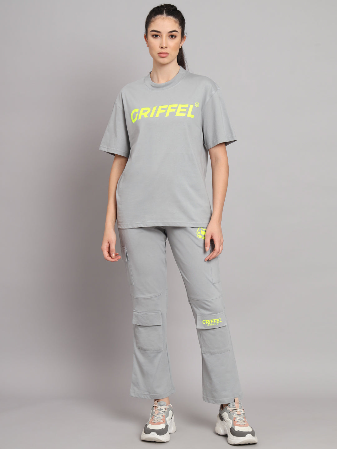 GRIFFEL Women Printed Loose fit Steel Grey T-shirt and Bell Bottom Trackpant Set - griffel