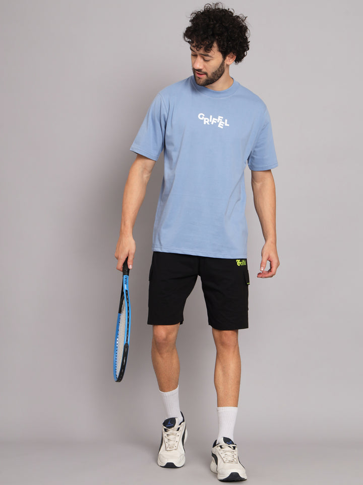 GRIFFEL Men Printed Sky Blue Loose fit T-shirt and Shorts Set - griffel