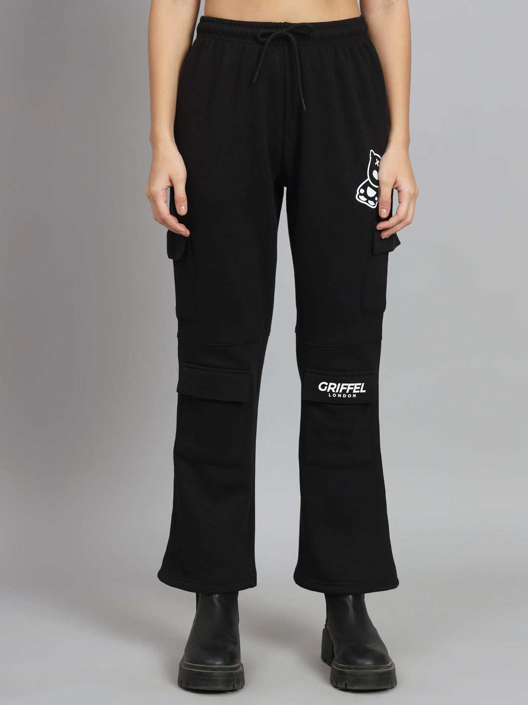 Griffel Women’s Front Teddy Logo 6 Pocket Black Trackpant - griffel