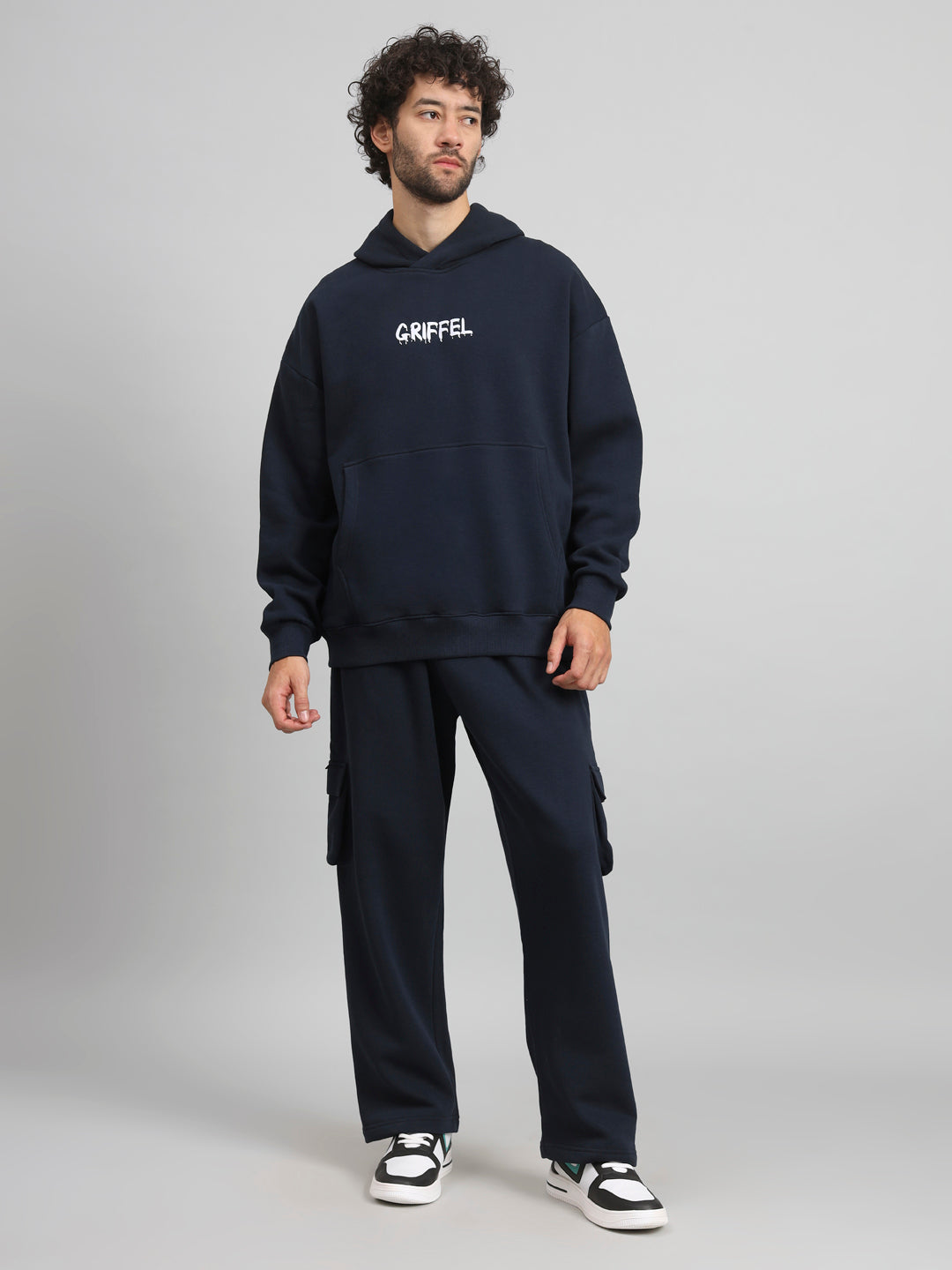 Griffel Men Oversized Fit Bear Family Print Front Logo 100% Cotton Fleece Hoodie and trackpant - griffel
