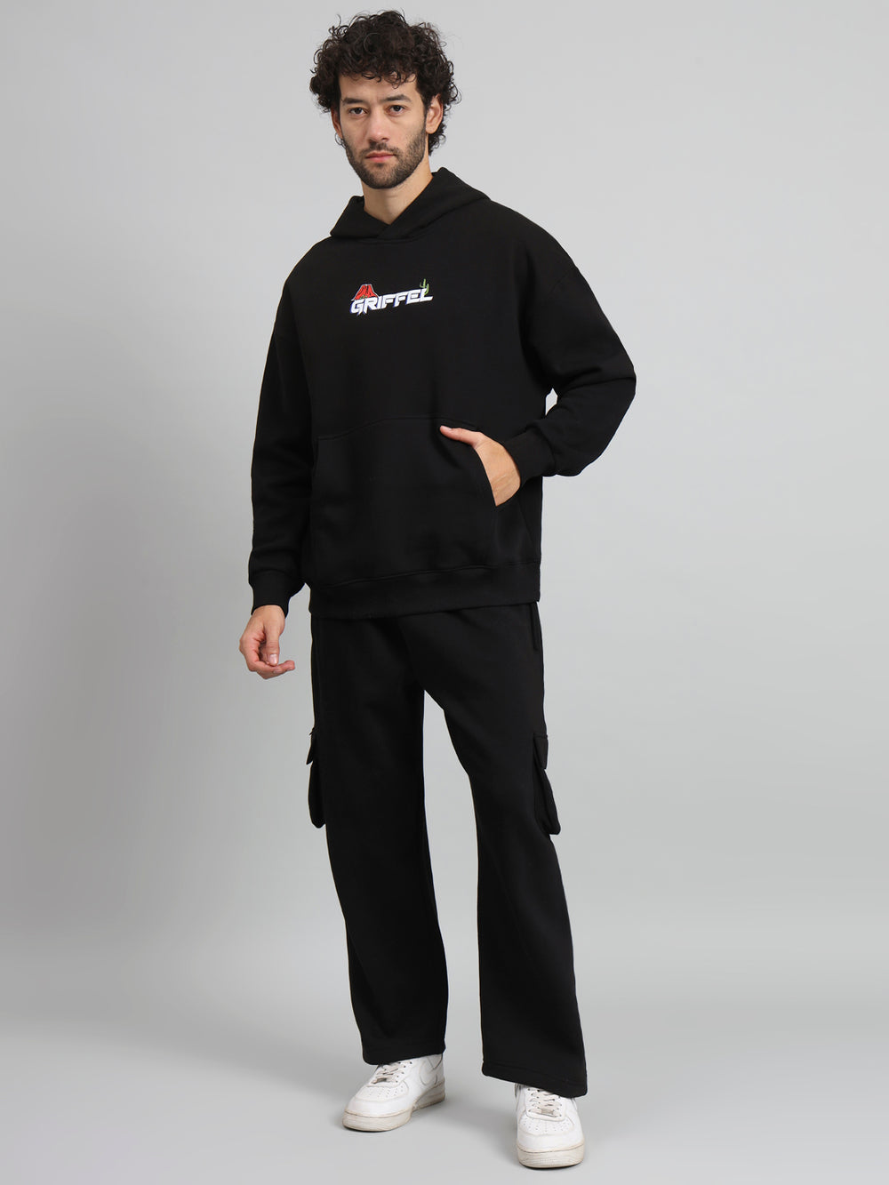 Griffel Men Oversized Fit Back Print 100% Cotton Fleece Black Hoodie and trackpant - griffel