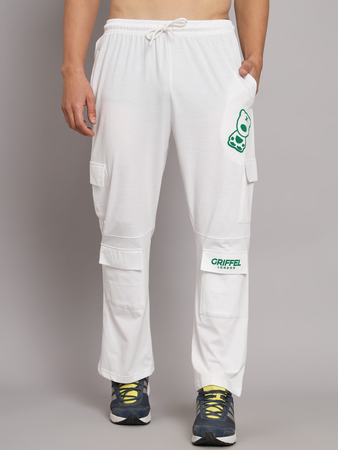 GRIFFEL Men Cotton 6 Pocket Front Logo White Teddy Printed Trackpants - griffel