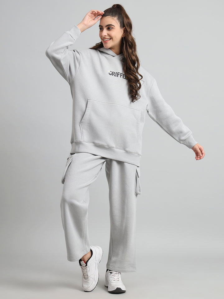 Griffel Women Oversized Fit Chill Vibe Print Front Logo 100% Cotton Steel Grey Fleece Hoodie and trackpant