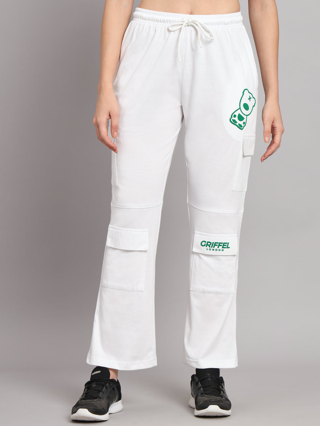 Griffel Women’s Front Teddy Logo 6 Pocket White Trackpant - griffel