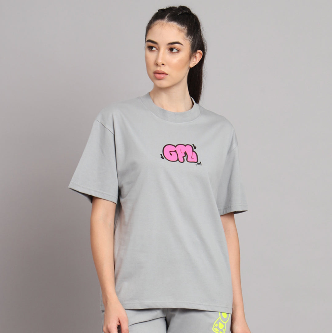 GRIFFEL Women WRLDWIDE oversized drop shoulder Steel Grey T-shirt - griffel