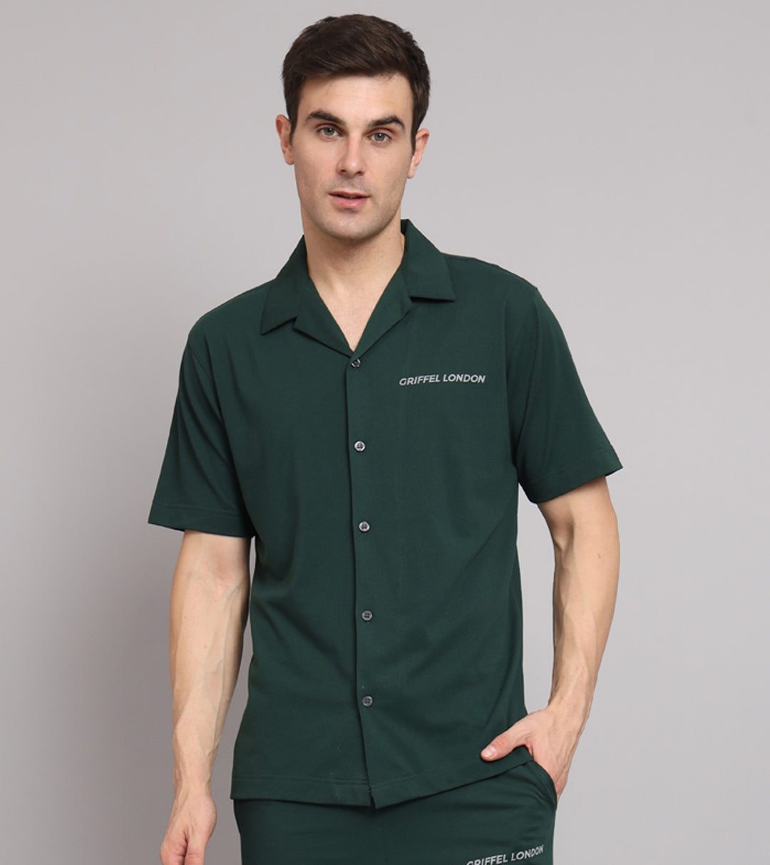 GRIFFEL Men Basic Green Regular Fit Cotton Bowling Shirt - griffel