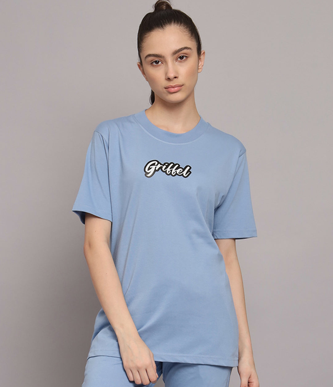 GRIFFEL Women Printed Loose fit Sky Blue T-shirt - griffel