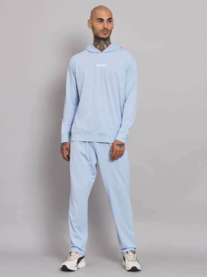 Griffel Men's Pre Winter Front Logo Solid Cotton Basic Hoodie and Joggers Full set Sky Blue Tracksuit - griffel