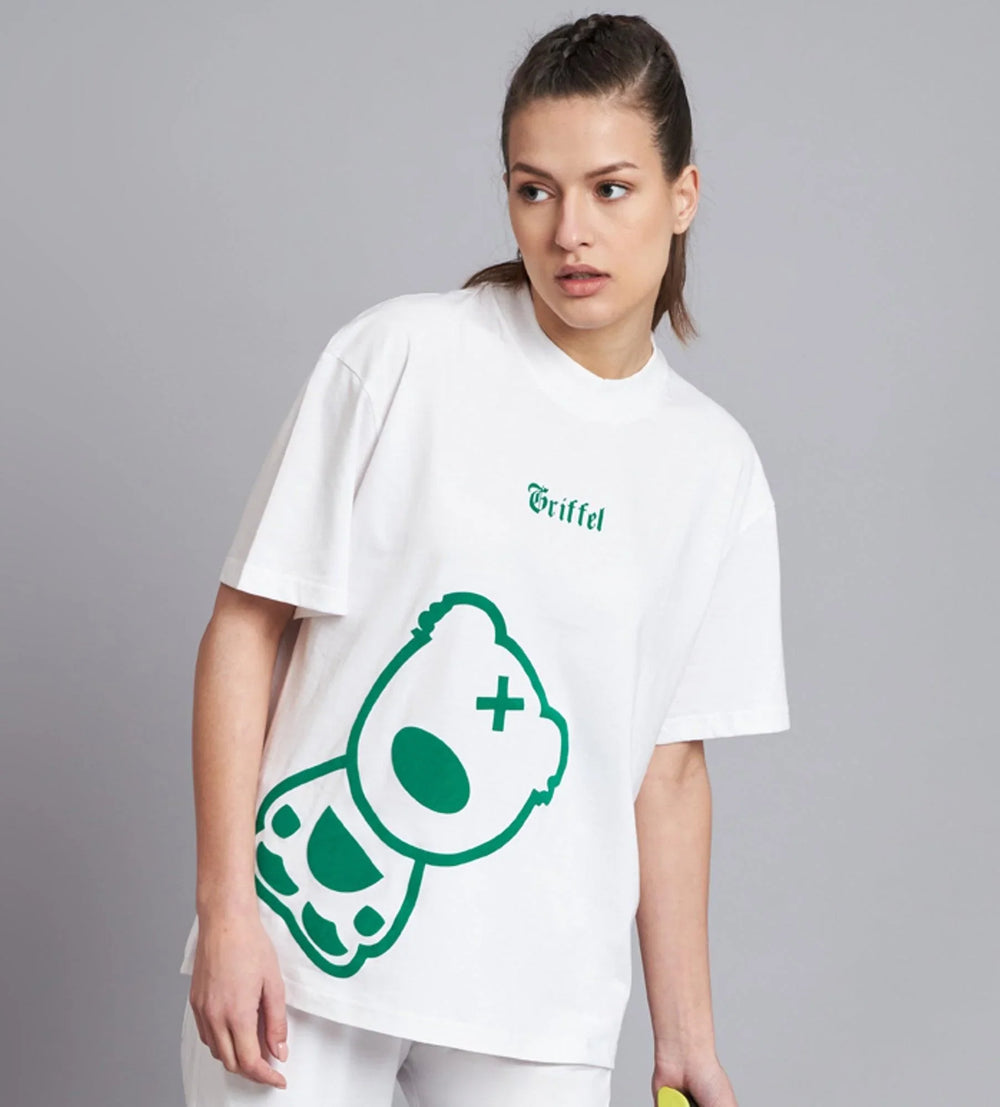 GRIFFEL Women Printed Green Teddy Oversized White T-shirt - griffel
