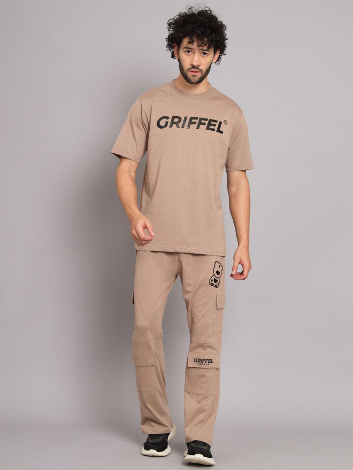 GRIFFEL Men Printed Black Loose fit T-shirt and Bell Bottom Trackpant Set