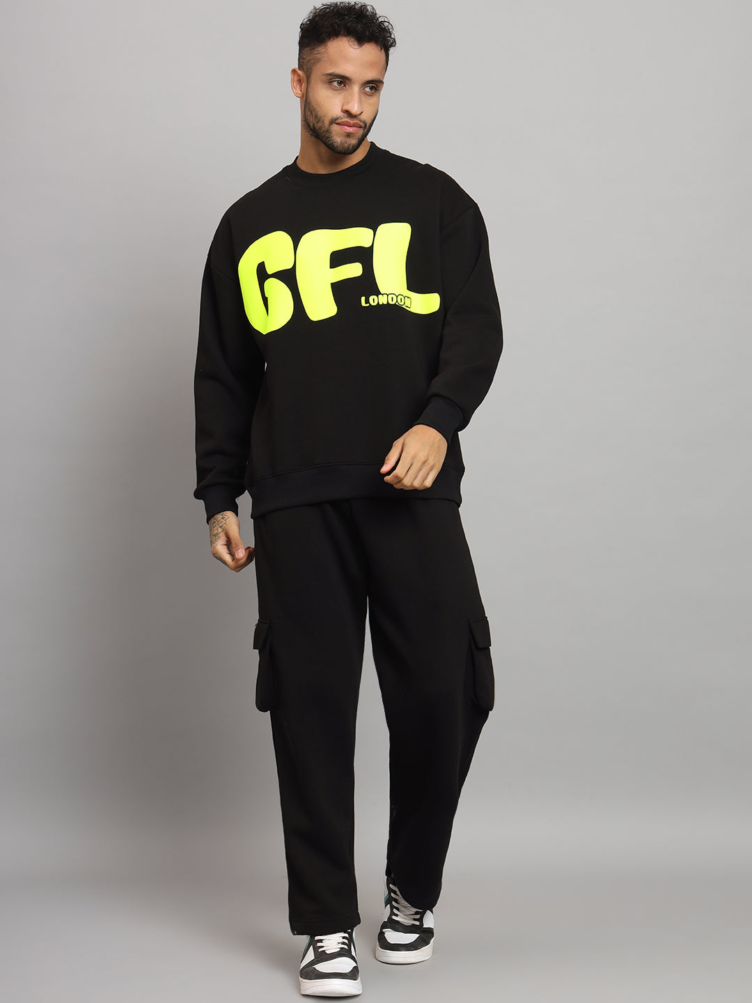Griffel Men Oversized Fit GFL Print Round Neck 100% Cotton Fleece Black Tracksuit - griffel