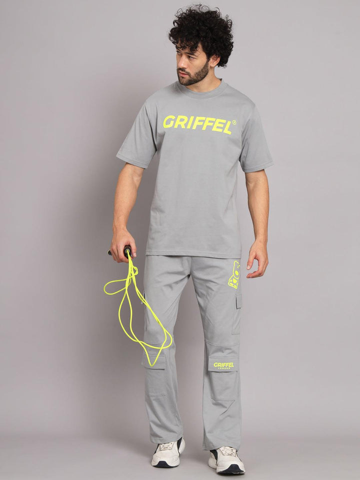 GRIFFEL Men Printed Black Loose fit T-shirt and Bell Bottom Trackpant Set