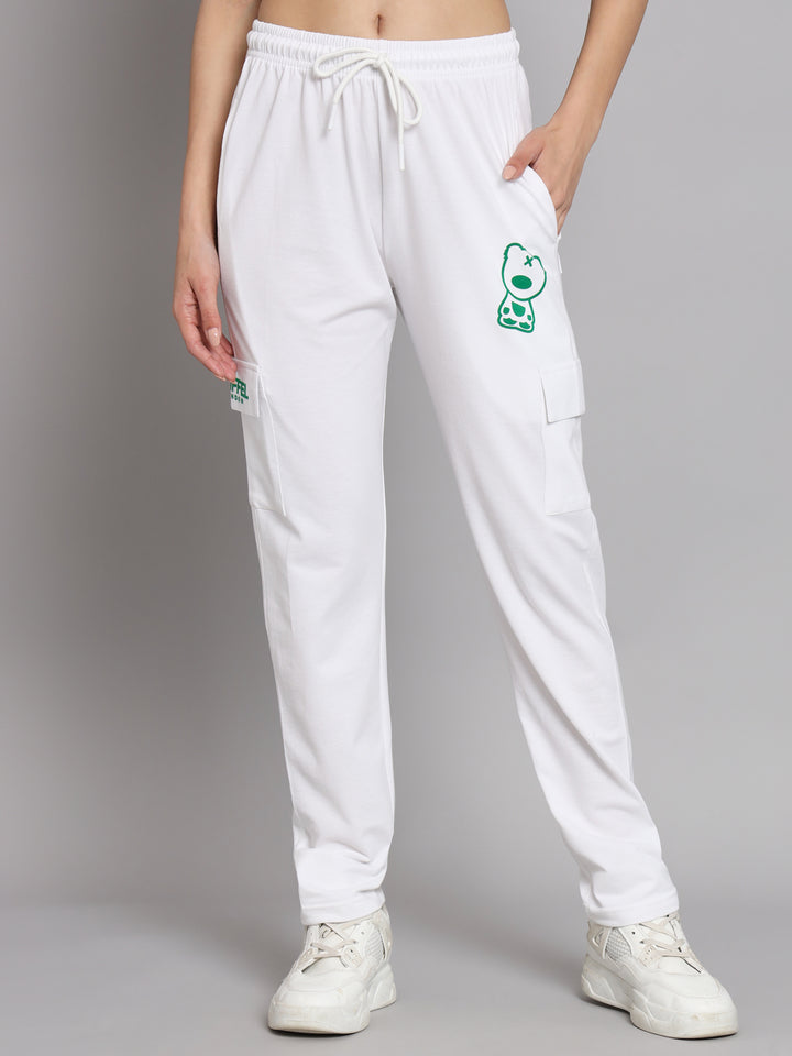 Griffel Women’s Front Teddy Logo 6 Pocket White Cotton Matty Trackpant