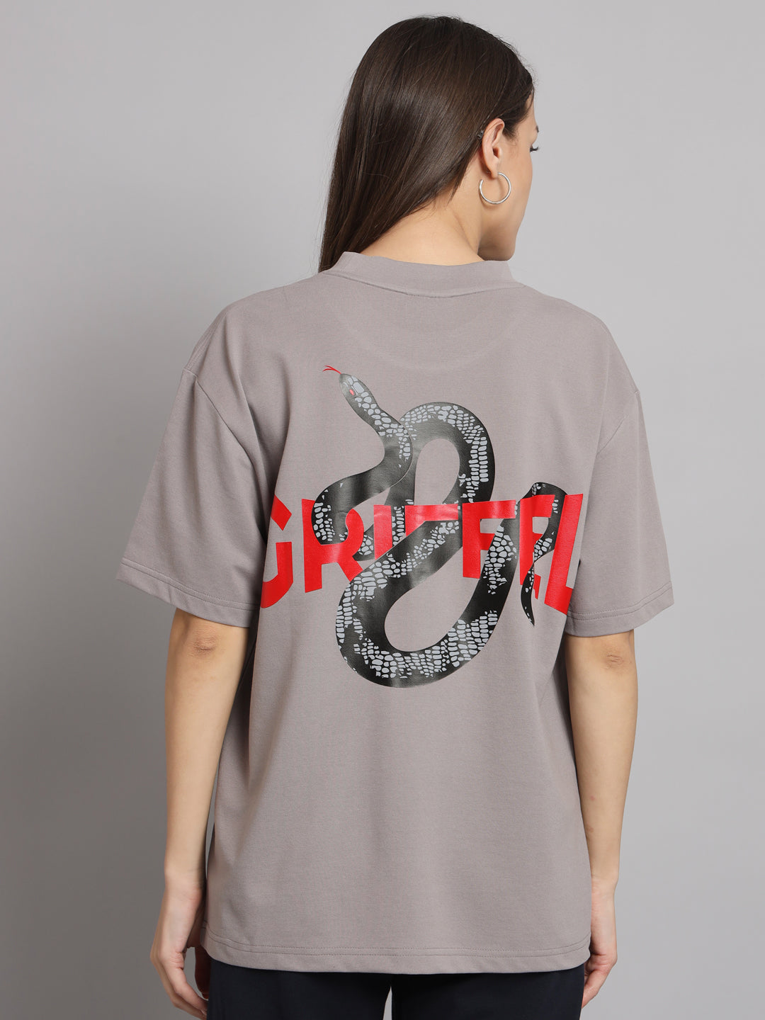 GRIFFEL Women REFLECTIVE SNAKE Printed Loose fit Steel Grey T-shirt - griffel