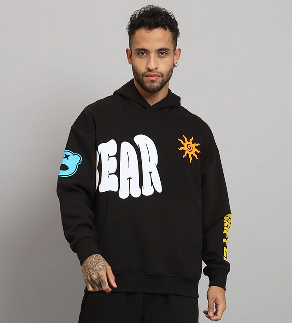Griffel Men's BEAR Print Front Logo Oversized Fleece Hoodie Bottle Black Sweatshirt - griffel