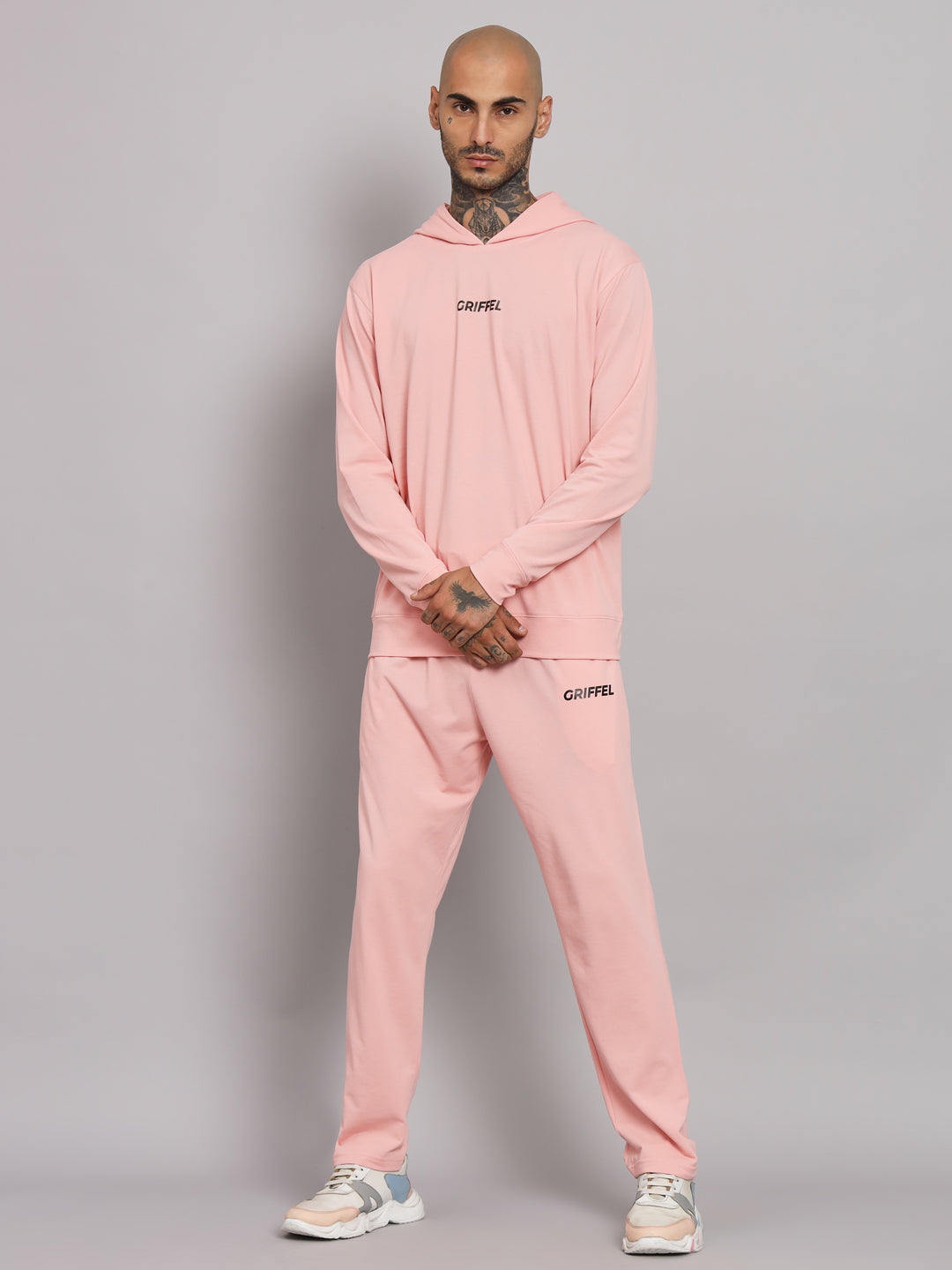 Griffel Men's Pre Winter Front Logo Solid Cotton Basic Hoodie and Joggers Full set Peach Tracksuit - griffel