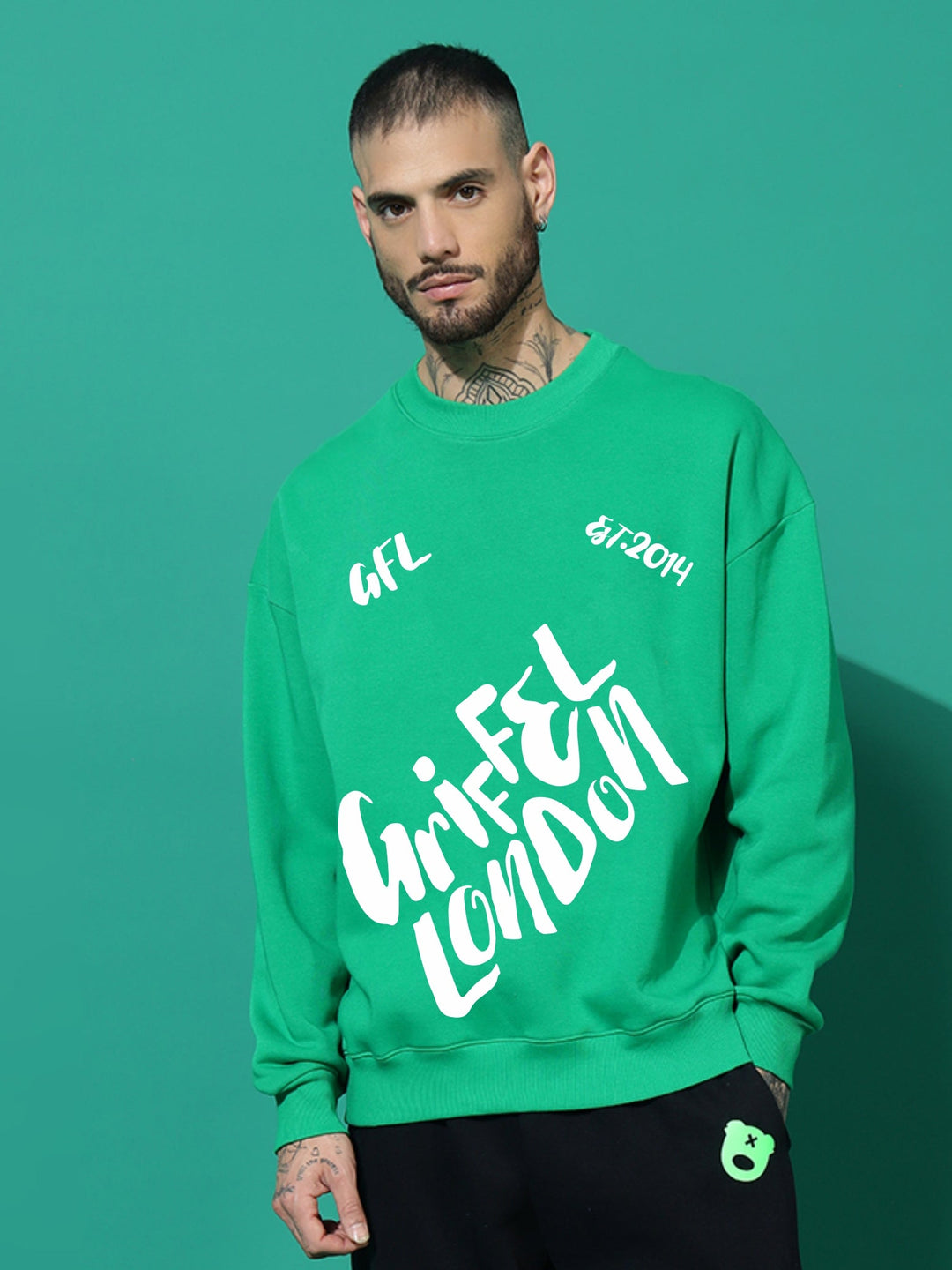 Letters Oversized Green Cotton Fleece Round neck  Sweatshirt 📨
