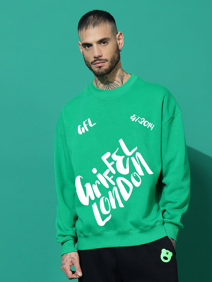 Letters Oversized Green Cotton Fleece Round neck  Sweatshirt 📨