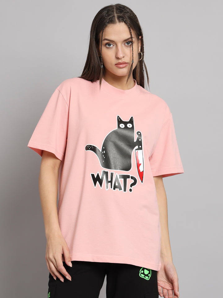 GRIFFEL Women CAT Printed Loose fit Pink T-shirt - griffel