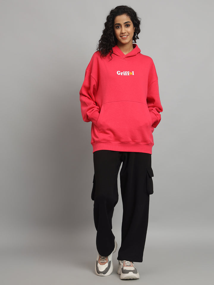 Griffel Women Oversized Fit HOW DO I  Print 100% Cotton Black Fleece Hoodie and trackpant