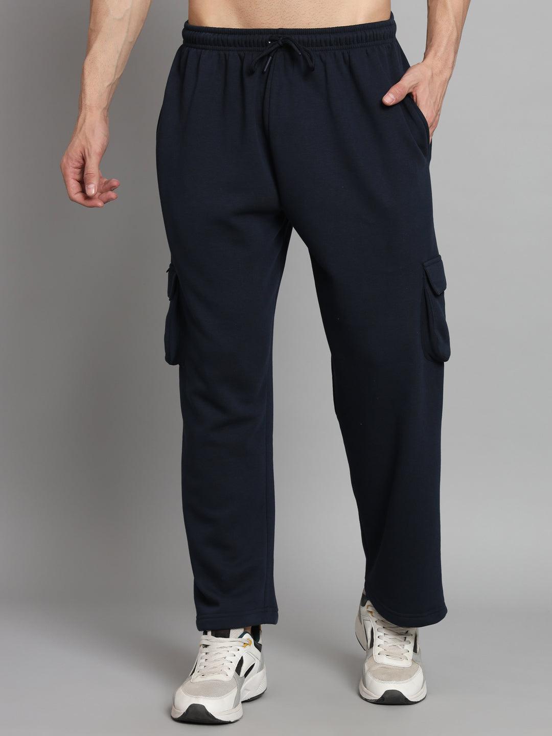 GRIFFEL Men Oversized Fit Fleece 5 Pocket Front Logo Navy Trackpants - griffel