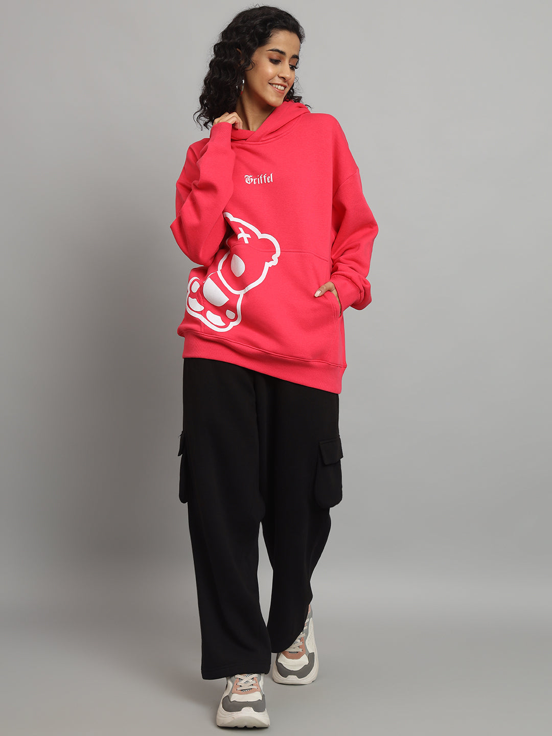 Griffel Women Oversized Fit TEDDY Print 100% Cotton Neon Pink Fleece Hoodie and trackpant - griffel