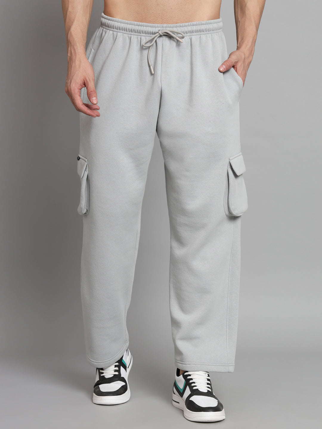 GRIFFEL Men Oversized Fit Fleece 5 Pocket Front Logo Steel Grey Trackpants - griffel