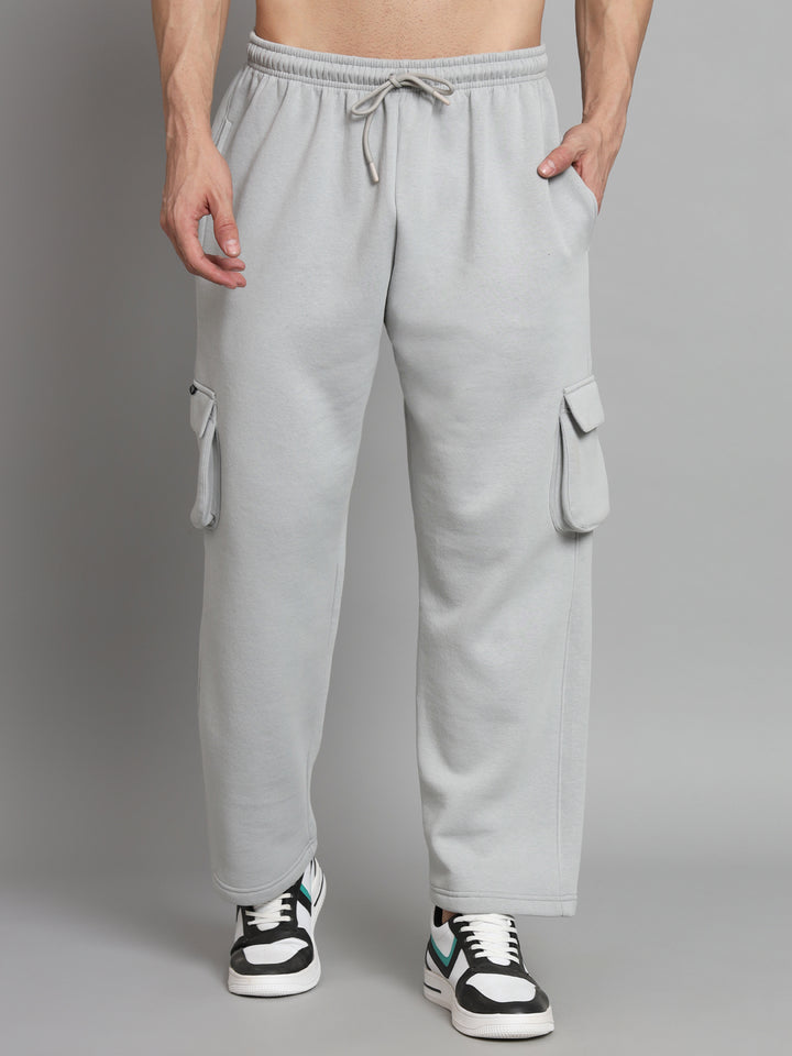 GRIFFEL Men Oversized Fit Fleece 5 Pocket Front Logo Steel Grey Trackpants