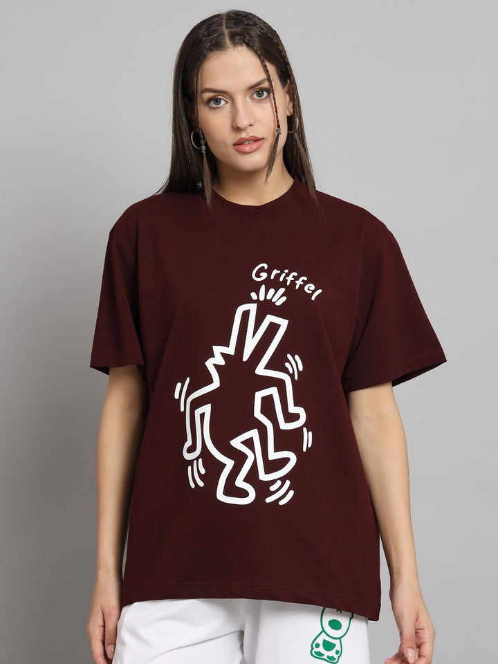 GRIFFEL Women Printed Loose fit Maroon T-shirt - griffel